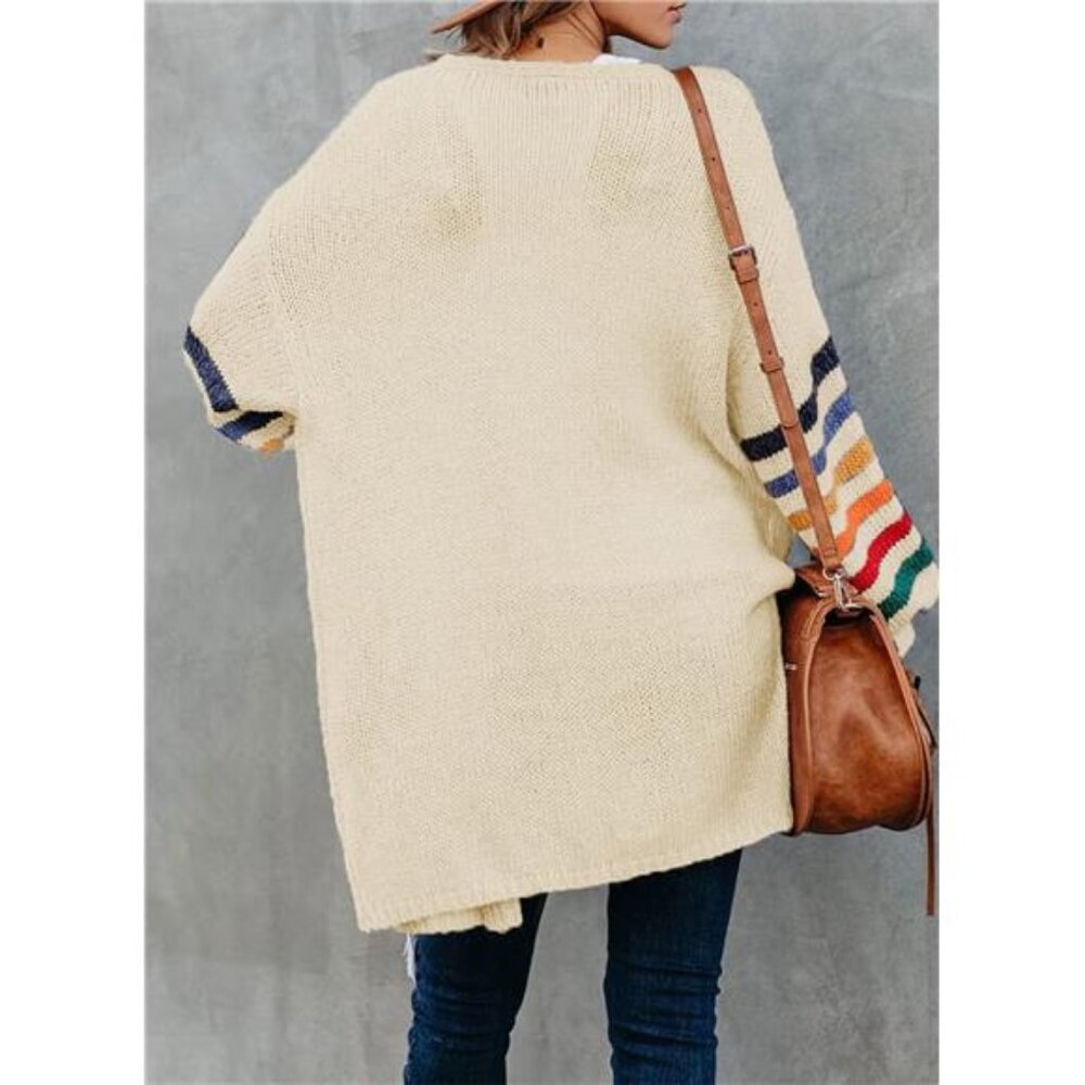 NEW Women's Long Open Front Cardigans Striped Color Block Loose Knit Sweaters - Picture 2 of 4